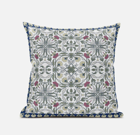 18" X 18" Green White Pink Paisley Blown Seam Suede Throw Pillow