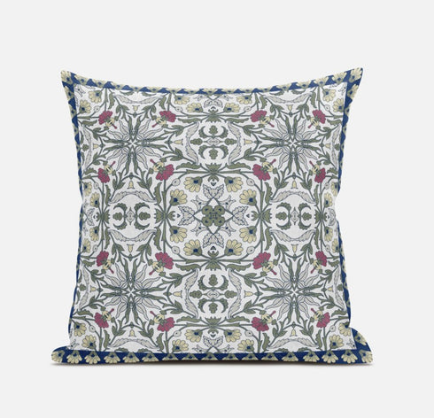 18" X 18" Green White Pink Paisley Blown Seam Suede Throw Pillow