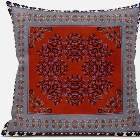 20" X 20" Red Gray Geometric Blown Seam Suede Throw Pillow