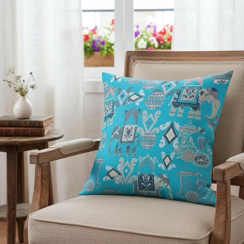 20" X 20" Bright Blue And Gray Paisley Blown Seam Suede Throw Pillow