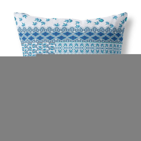 20"X20" Blue And White Microsuede Patchwork Blown Seam Pillow