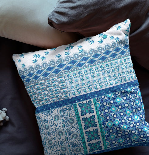 20"X20" Blue And White Microsuede Patchwork Blown Seam Pillow