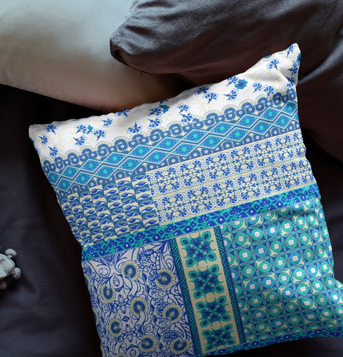 20"X20" Blue And White Microsuede Patchwork Blown Seam Pillow