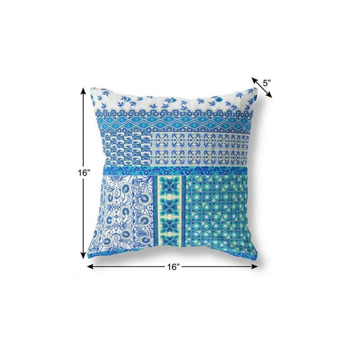 20"X20" Blue And White Microsuede Patchwork Blown Seam Pillow