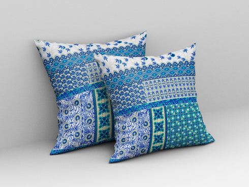 20"X20" Blue And White Microsuede Patchwork Blown Seam Pillow