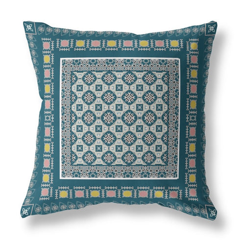 20" X 20" Blue And Beige Floral Blown Seam Suede Throw Pillow