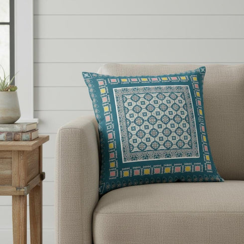 20" X 20" Blue And Beige Floral Blown Seam Suede Throw Pillow