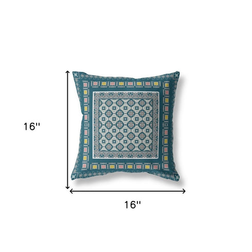 20" X 20" Blue And Beige Floral Blown Seam Suede Throw Pillow