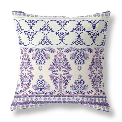 20" X 20" White And Purple Stencil Blown Seam Suede Throw Pillow