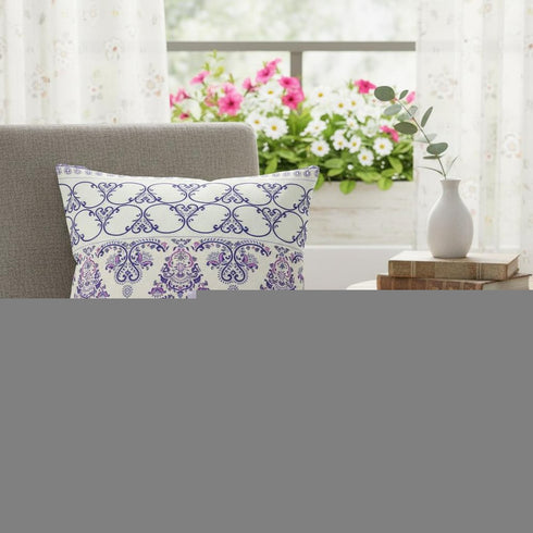 20" X 20" White And Purple Stencil Blown Seam Suede Throw Pillow