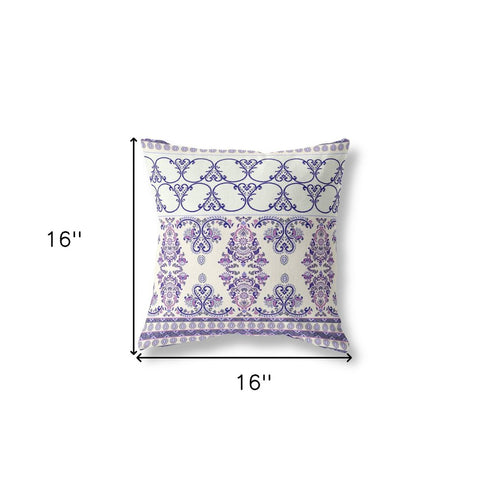 20" X 20" White And Purple Stencil Blown Seam Suede Throw Pillow