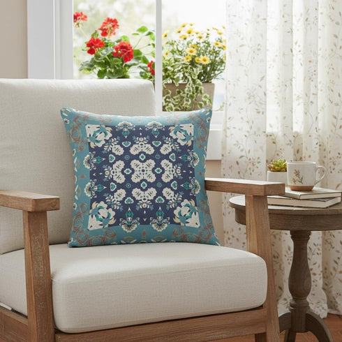 20" X 20" Gray And Blue Floral Blown Seam Suede Throw Pillow