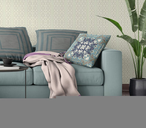 20" X 20" Gray And Blue Floral Blown Seam Suede Throw Pillow