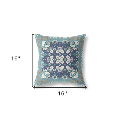 20" X 20" Gray And Blue Floral Blown Seam Suede Throw Pillow