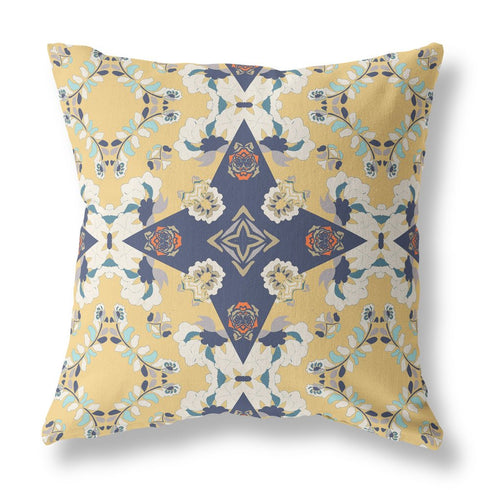 20" X 20" Yellow And Blue Floral Blown Seam Suede Throw Pillow