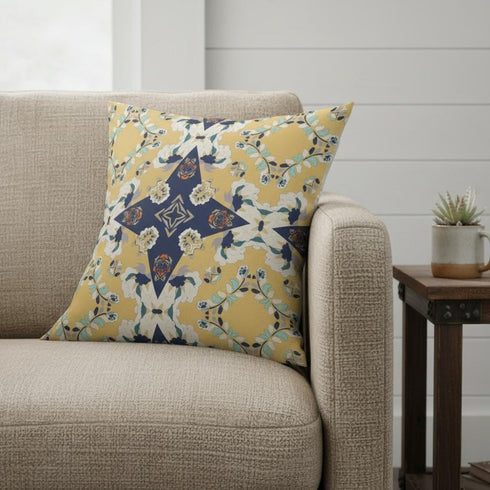 20" X 20" Yellow And Blue Floral Blown Seam Suede Throw Pillow