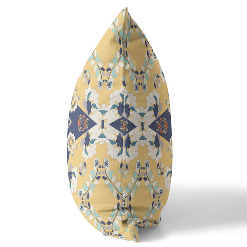 20" X 20" Yellow And Blue Floral Blown Seam Suede Throw Pillow