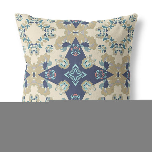 20" X 20" Cream And Blue Floral Blown Seam Suede Throw Pillow