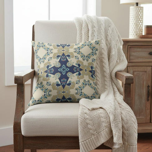 20" X 20" Cream And Blue Floral Blown Seam Suede Throw Pillow