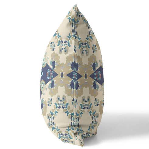 20" X 20" Cream And Blue Floral Blown Seam Suede Throw Pillow