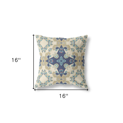 20" X 20" Cream And Blue Floral Blown Seam Suede Throw Pillow