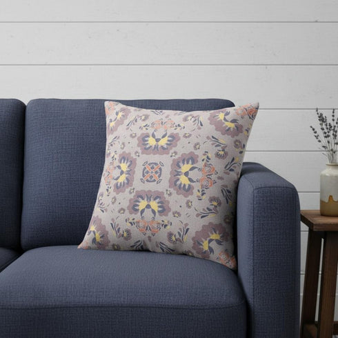 20" X 20" Muted Purple And Yellow Floral Blown Seam Suede Throw Pillow