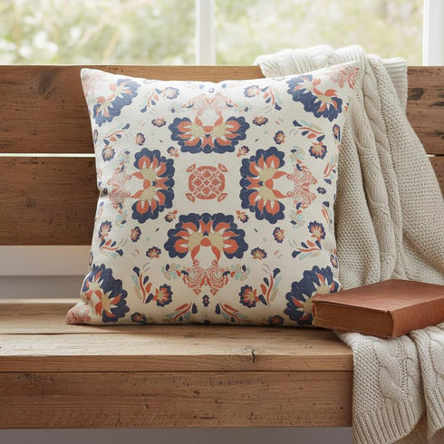 20" X 20" Off White And Blue Floral Blown Seam Suede Throw Pillow