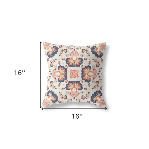 20" X 20" Off White And Blue Floral Blown Seam Suede Throw Pillow
