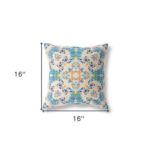 20" X 20" Off White And Blue Abstract Blown Seam Suede Throw Pillow