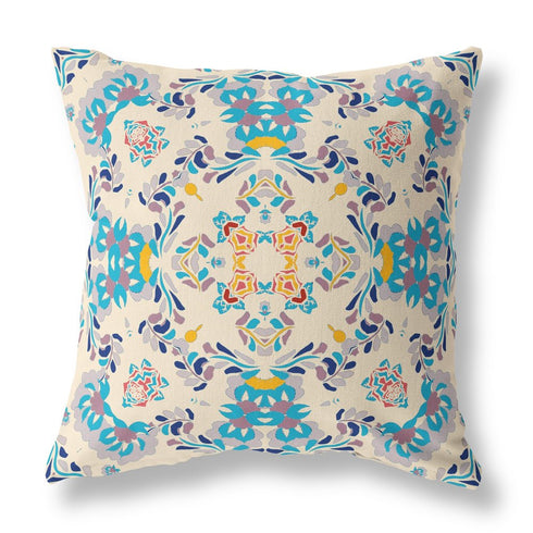 20" X 20" Off White And Blue Abstract Blown Seam Suede Throw Pillow