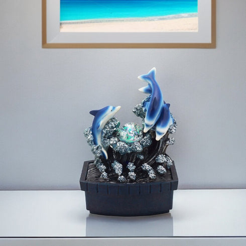 11" Blue Polyresin Dolphins Tabletop Fountain