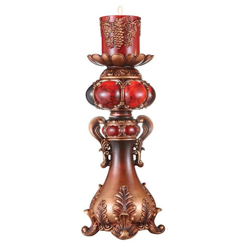 20" Bronze Brown And Red Floral Polyresin Tabletop Pillar Candle Holder With Candle