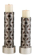 Set Of Two Espresso and Silver Pillar Tabletop Pillar Candle Holders
