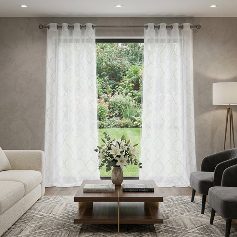 84” White Trellis Pattern Embroidered Window Curtain Panel