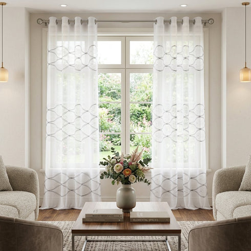 Set of Two 96" White Wave Embroidered Window Panels