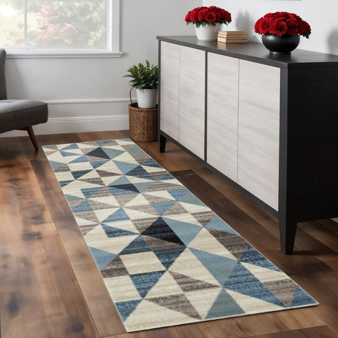 8' X 11' Beige Blue And Gray Geometric Area Rug