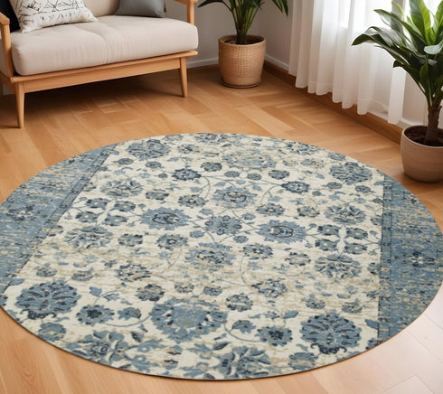 8' X 11' Ivory And Sky Blue Oriental Area Rug