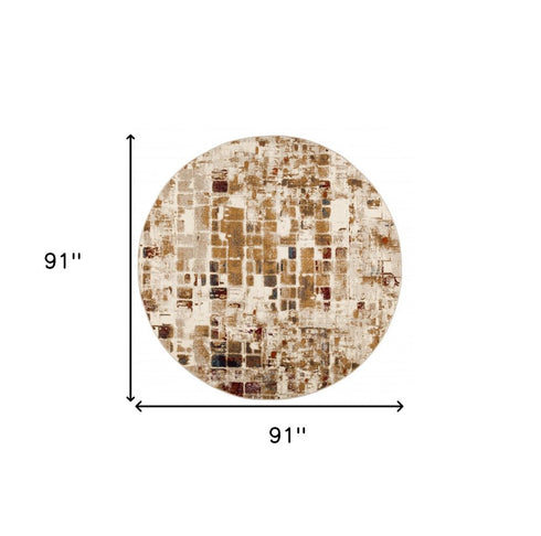 8' Natural And Brown Abstract Distressed Round Rug