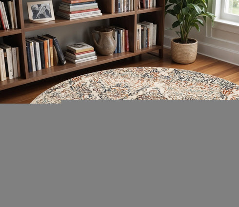 8' Ivory Rust And Green Oriental Round Rug