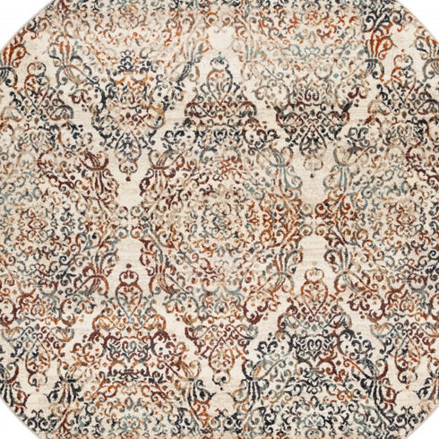 8' Ivory Rust And Green Oriental Round Rug
