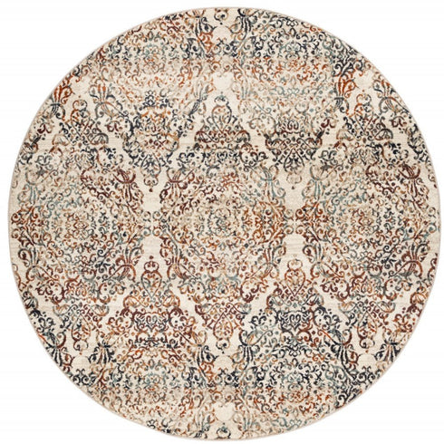 8' Ivory Rust And Green Oriental Round Rug
