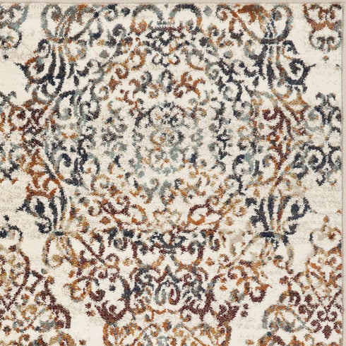 8' Ivory Rust And Green Oriental Round Rug