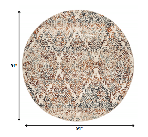 8' Ivory Rust And Green Oriental Round Rug