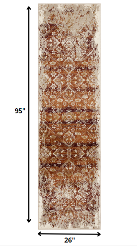 8' Rust And Ivory Oriental Runner Rug
