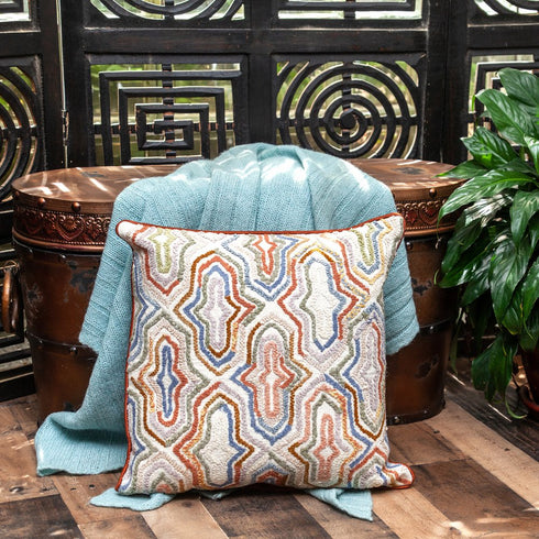 18" Beige and Brown Cotton Throw Pillow With Embroidery