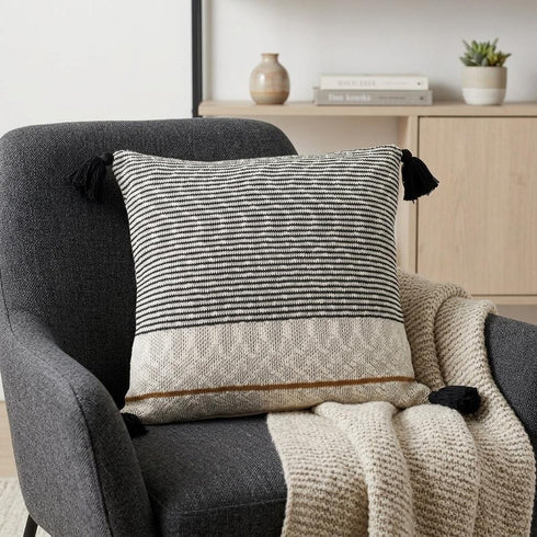 20" x 20" Beige Stripe Pattern Square Accent Throw Pillow with Tassel