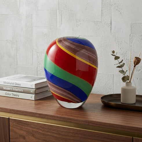 9" Red Blue and Green Striped Round Glass Table Vase