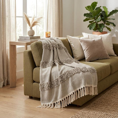 Beige Woven Wool Solid Color Reversable Throw