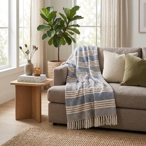 Gray and White Woven Cotton Striped Throw Blanket