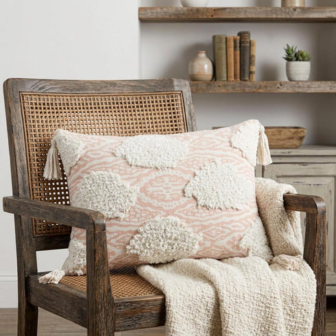 13" X 18" Peach and White Throw Pillow with Tassels